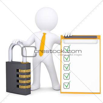 3d white man with combination lock and checklist