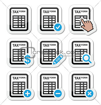 Tax form, taxation, finance vector icons set