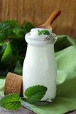 organic dairy products (yogurt, sour cream) in a glass jar