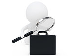 3d humanoid character with a magnifier and a black briefcase