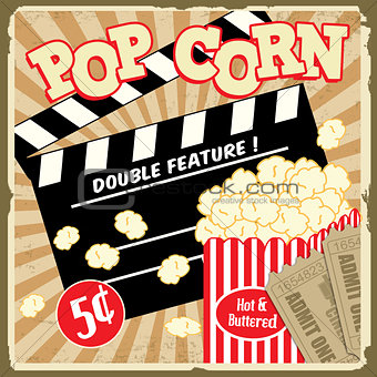 Popcorn with clapper board and movie tickets vintage poster