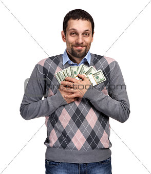 Happy young businessman holding a lot of one hundred dollar bill