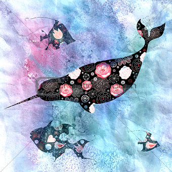 Marine background with narwhals and fish
