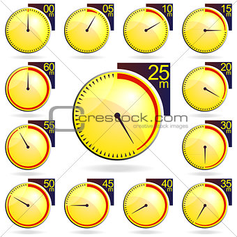 Stopwatch - Yellow Timers Set. Vector Illustration