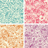 Vector set of four floral line art seamless pattern background with abstract floral elements.