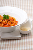 Italian spaghetti pasta with tomato and chicken