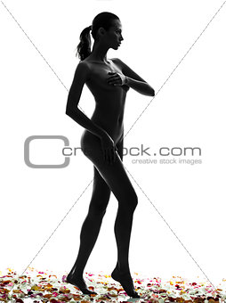 beautiful asian woman naked with flowers petal silhouette