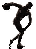 handsome naked muscular man exercising discobolus  silhouette