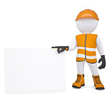 3d man in overalls holding blank business card