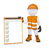 3d white man in overalls holding a checklist