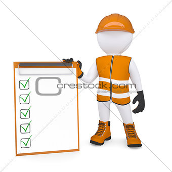 3d white man in overalls holding a checklist