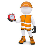 3d white man in overalls holding a alarm clock