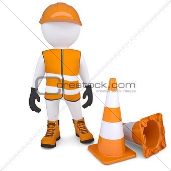 3d man in overalls beside traffic cones