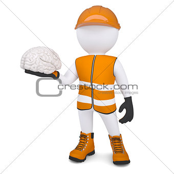 3d white man in overalls holding a brain