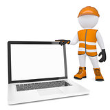 3d white man in overalls holding a laptop
