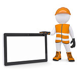 3d white man in overalls holding a tablet PC