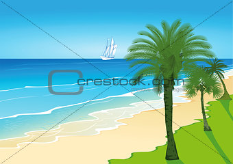 Beach with palm trees and sailing ship