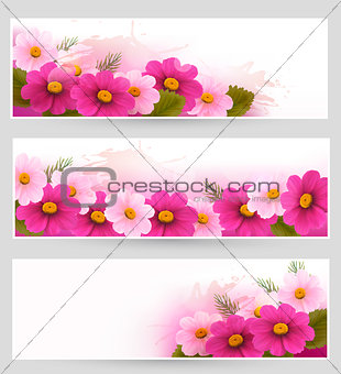 Set of holiday banners with colorful flowers. Vector