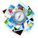 Background  with travel photos and  compass. Vector