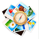Background  with travel photos and  compass. Vector