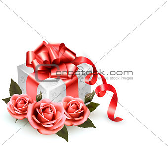 Holiday background with pink roses and gift box.Vector