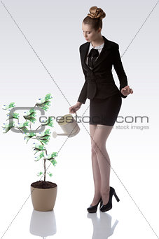 blonde business woman watering euro money plant