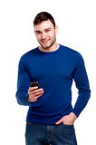 Man holding a mobile phone isolated on white background