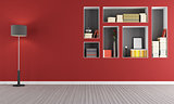 Red empty  living room with  bookcase 
