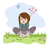 romantic girl sitting barefoot in the grass