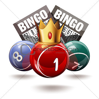 Bingo or lottery balls and cards with crown.