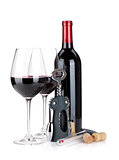 Red wine bottle, glasses, corkscrew, corks and thermometer