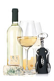White wine bottle, two glasses, cheese and corkscrew