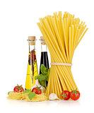 Pasta, tomatoes, basil, olive oil, vinegar, garlic and parmesan 