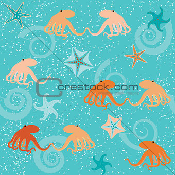 Seamless pattern with octopuses, shells and stars