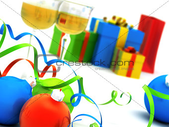 Christmas toys of different colours against glasses with champagne and gifts