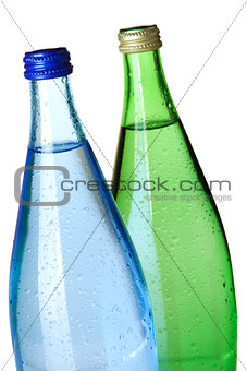Two bottles of soda water, closeup