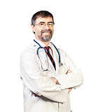 Portrait of happy middle-aged doctor with stethoscope. on a whit