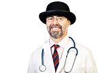 Portrait of happy middle-aged doctor in a hat with stethoscope. 