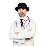 Portrait of happy middle-aged doctor in a hat with stethoscope. 