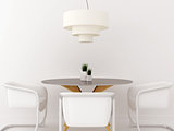 White chairs, chandelier and table