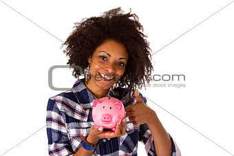 Female afro american with piggy bank