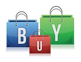 Three colorful shopping bags with the text buy