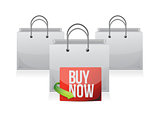 buy now sign on a shopping bag.