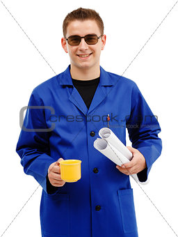Young technician taking coffee break