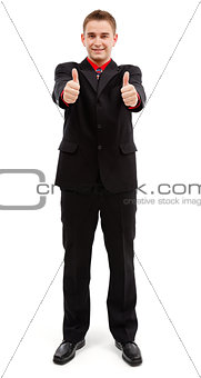 Happy man showing double thumbs up