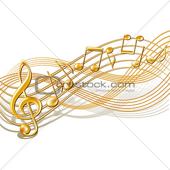 Gold musical notes staff background on white.