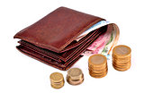 Turkish money and wallet on white background