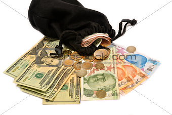 Turkish money and pouch on white background