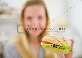 Closeup on burger in hand of teenager girl