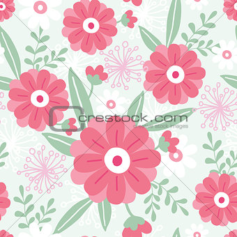 Vector pink flowers and green leaves elegant seamless pattern background